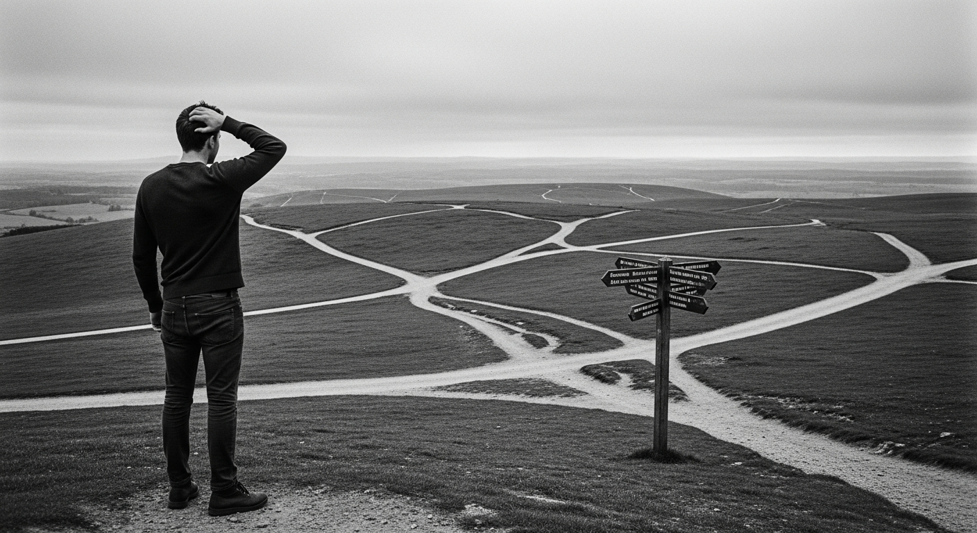 A person scratching their head, facing a maze of paths winding off in different directions.